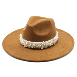 Brown wide brim felt fedora hat with elegant pearl band decoration for stage performance