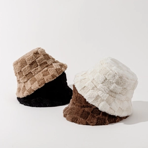 Winter plush checkerboard bucket hats in khaki, black, white and brown colors