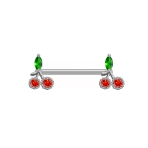 Polished steel nipple barbell with red crystal cherries and green leaf accents