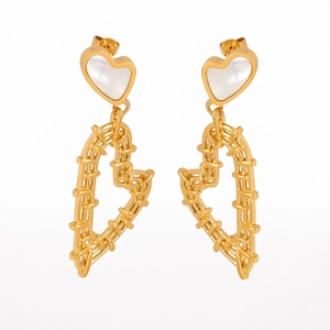 Heart Shaped Dangle Earrings Titanium Steel White Shell Zircon Woven Hollow Geometric Vintage Jewelry For Women