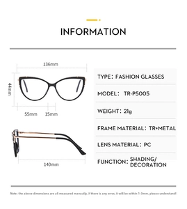 Detailed size specifications for cat-eye glasses frame showing dimensions and TR90 material