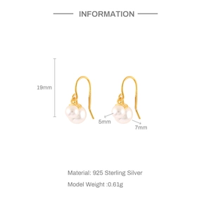 Detailed view of sterling silver pearl earrings with 19mm length and 5mm/7mm pearl sizes