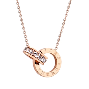 Rose gold interlocking double ring necklace with zircon pavé and Roman numeral details