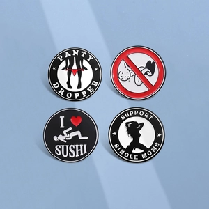 Funny geometric round metal brooches set with creative graphic patterns on blue background