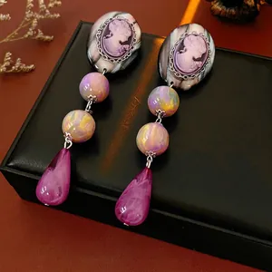 Vintage Cameo Dangle Earrings With 925 Sterling Silver Earring Post Purple Resin Portrait Relief Retro Style For Women