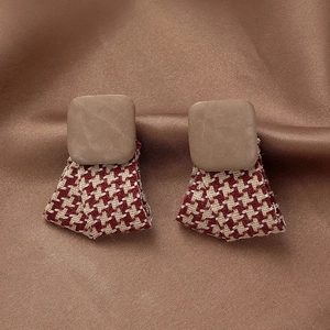 Houndstooth Fabric Drop Earrings With 925 Sterling Silver Earring Post Vintage Square Leather Geometric Jewelry Women