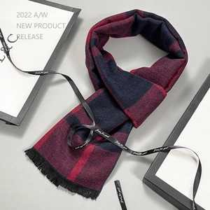 Classic red and black plaid wool scarf for men with fringe details for winter warmth
