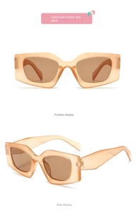 Detailed front and side views of oversized geometric tea-tinted kids sunglasses