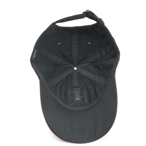 Inside view of black cotton camouflage baseball cap with star embroidery and metal buckle