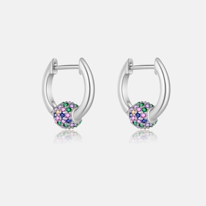 Detailed close-up of S925 silver hoop earrings with vibrant multi-colored zircon stones