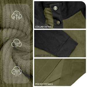 Men's outdoor waffle knit henley shirt with stand collar and button detailing in army green