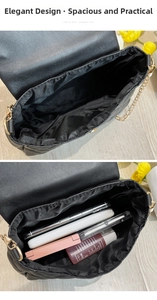 Interior view of black quilted chain bag showing space for phone and makeup