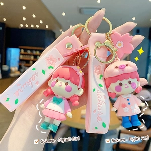 Cute Sakura Girl Keychain PVC Silicone Cartoon Doll Pendant With Pink Wrist Strap For Backpack Car Key Accessory