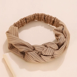 Chic beige ribbed knit twist headband for women with elastic cross braided texture