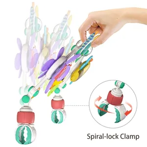 Adjustable arch toy with colorful hanging animals and secure spiral clamp for baby strollers