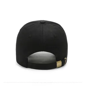Rear view of black baseball cap showing six-panel structure and metal buckle
