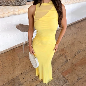 Robe Longue Femme Froncée Avec Patchwork En Maille Sans Manches Col Rond Coupe Slim Élégante Robe De Soirée