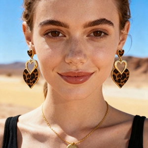 Golden heart-shaped leopard print earrings worn by a model in a desert setting