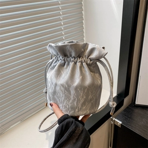 Women Bucket Bag Pleated Marble Texture Drawstring Shoulder Bag Minimalist Vintage Summer Fashion Handbag Crossbody