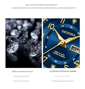 Close-up of luxury watch dial featuring blue sunray finish, luminous hands and zircon markers