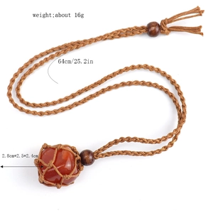 Detail showing red agate stone in a brown woven net pouch with size measurements