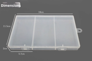 Detailed dimension guide for transparent 3-compartment plastic organizer storage box