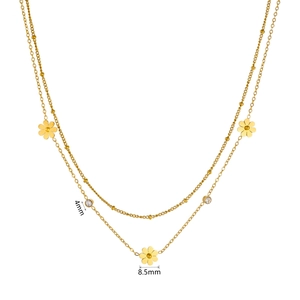 Collier double couche en acier inoxydable plaqué or 18 carats avec pendentifs marguerite