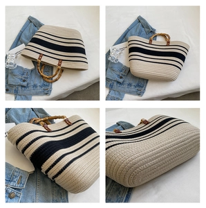 Detailed views of woven tote bag featuring bamboo handles and stylish striped patterns