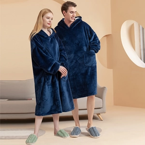 Thick navy blue oversized hooded flannel blanket hoodie with front pocket for adults
