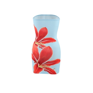 Detail of red floral print on light blue tube top dress with a slim fit silhouette