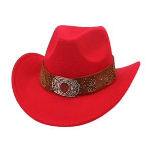 Detail of red wool felt cowboy hat featuring embroidered leather band and turquoise buckle