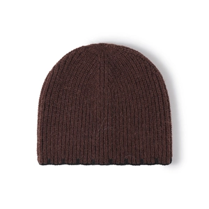 Winter chunky ribbed knit beanie hat in brown color for warm outdoor protection