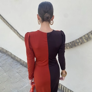 Details des Colorblock-Kleids mit kontrastierendem Rückennaht-Design in Rot und Braun