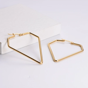 Minimalist gold titanium steel geometric diamond outline earrings on white background