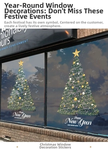 Detail of Christmas tree window sticker with gold star and Happy New Year text