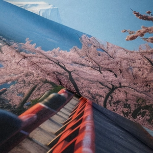 Close-up of printed wall tapestry showing cherry blossoms and Mount Fuji scenic detail