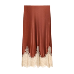 Satin Midi Skirt With Delicate Lace Trim High Waisted Satin Texture Copper Bronze Straight Cut Street Style For Women