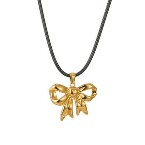 Chic 18K gold stainless steel bow pendant necklace with black wax rope cord