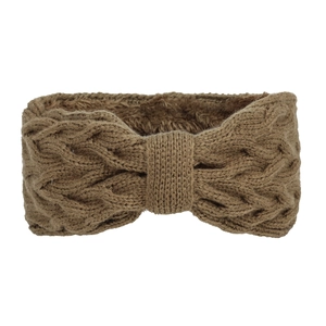 Detailed view of winter cable knit headband with warm thick fleece lining in dark brown