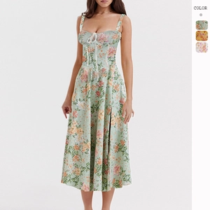 Robe Midi En Polyester À Imprimé Fleuri Camisole Dos Nu Style Corset Sans Manches Taille Haute Été Vintage Français Sexy Femmes