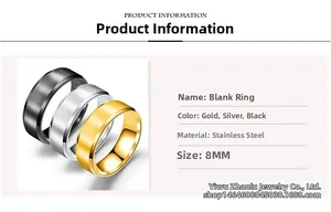 Detail view of 8mm matte stainless steel rings in black, silver and gold finishes