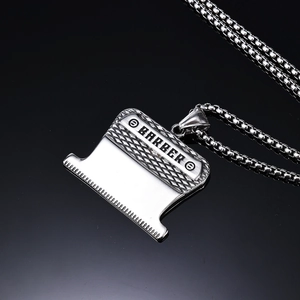 Barber Clipper Blade Pendant Necklace Stainless Steel Engraved BARBER Polished Punk Hip Hop Jewelry For Men Unisex