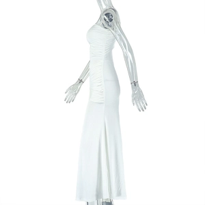 Detail view of white off-shoulder maxi dress with ruched side seams on a mannequin