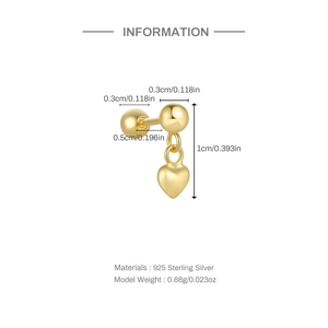 Detailed dimensions of gold 925 sterling silver heart stud earring with 1cm total height