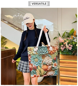Fashionable canvas tote bag with floral embroidery and thick white rope handles