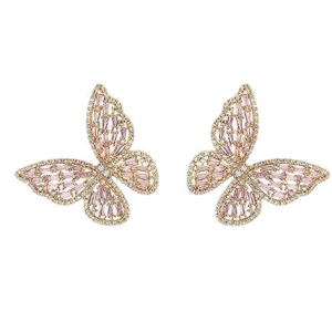 Elegant rose gold butterfly earrings featuring pink baguette-cut crystals and fine zircon