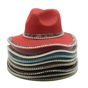 Straw fedora hats with pearls and silver studs in six colors for sun protection