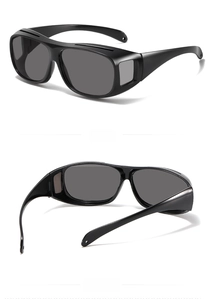 Detail views showing the 45-degree side and back structure of black polarized sunglasses