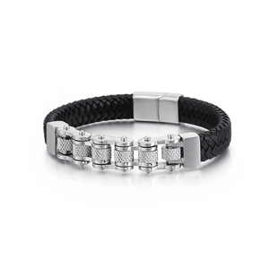 Men's black woven leather bracelet with industrial silver stainless steel motorcycle chain