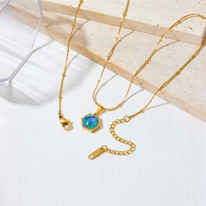 Minimalist gold stainless steel hexagon necklace with natural abalone shell pendant